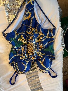 Women's Blue & Gold Patterned One-Piece Swimsuit